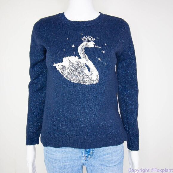 Children's Place shimmering metallic thread sequin swan navy blue sweater, L - Picture 4 of 16